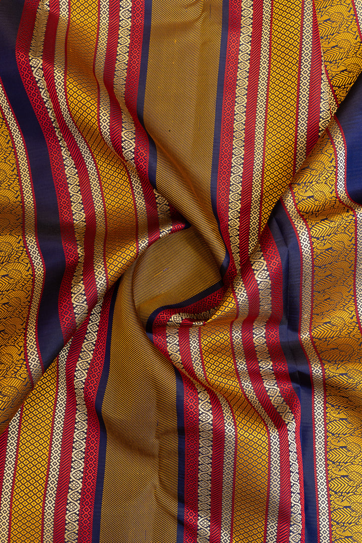 Rust orange and blue checks without zari pure Kanchipuram silk saree