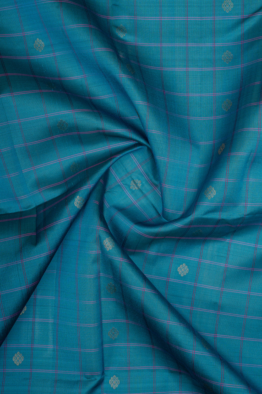 Peacock Blue Checks Pure Soft Silk Saree