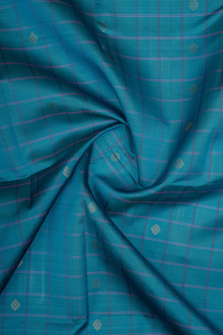 Peacock Blue Checks Pure Soft Silk Saree