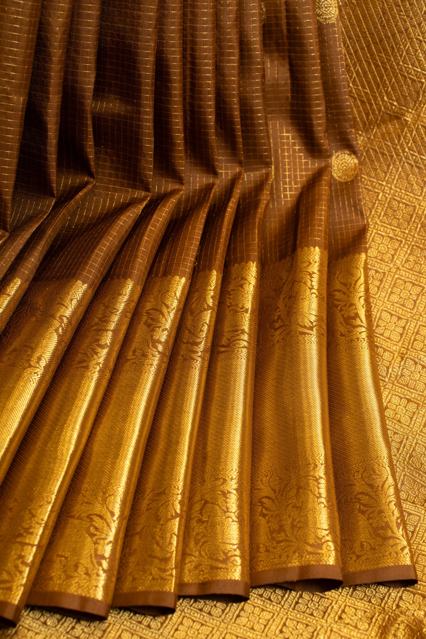 Golden Brown zari checks pure Kanchipuram silk saree