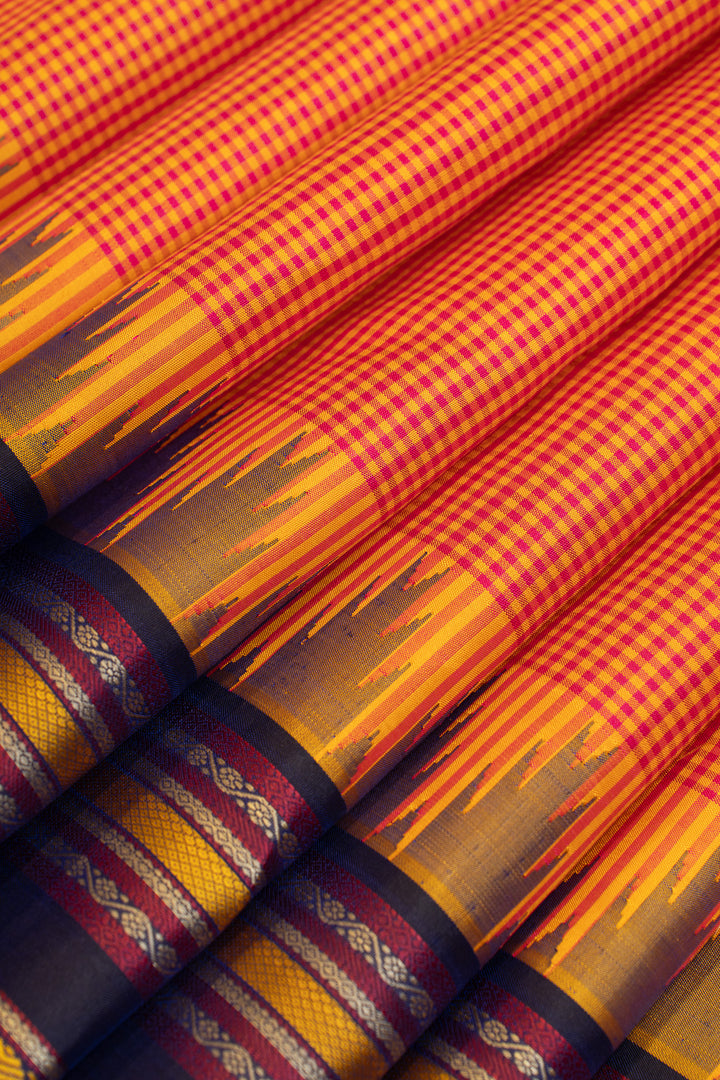 Rust orange and blue checks without zari pure Kanchipuram silk saree