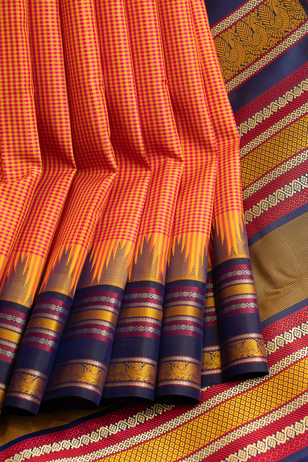 Rust orange and blue checks without zari pure Kanchipuram silk saree