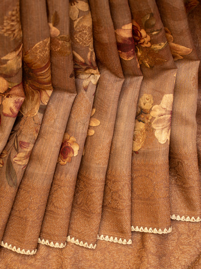 Brown printed pure Banaras georgette Tussar silk saree