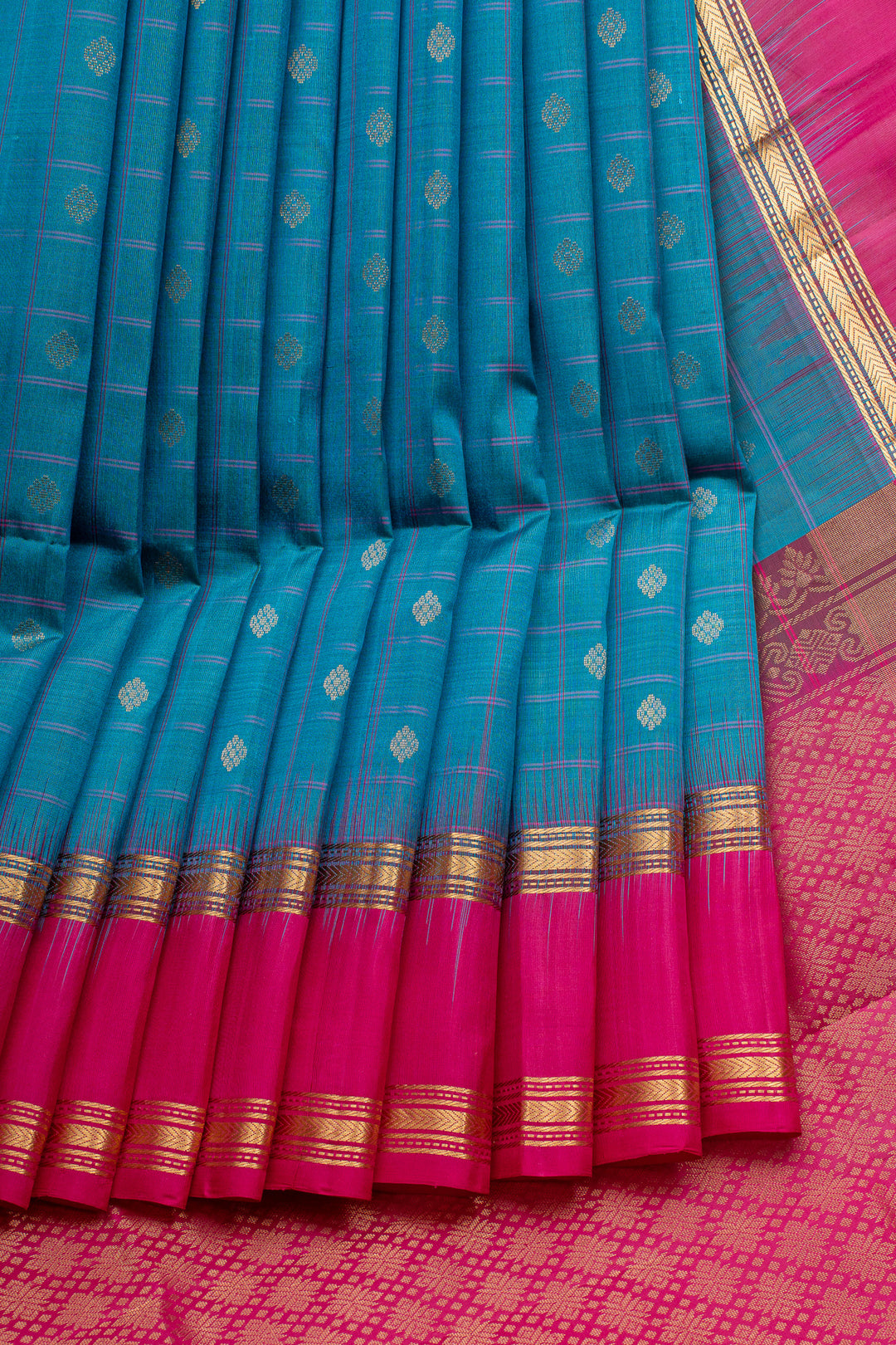 Peacock Blue Checks Pure Soft Silk Saree