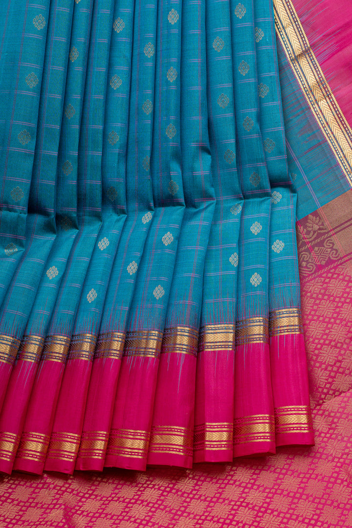 Peacock Blue Checks Pure Soft Silk Saree