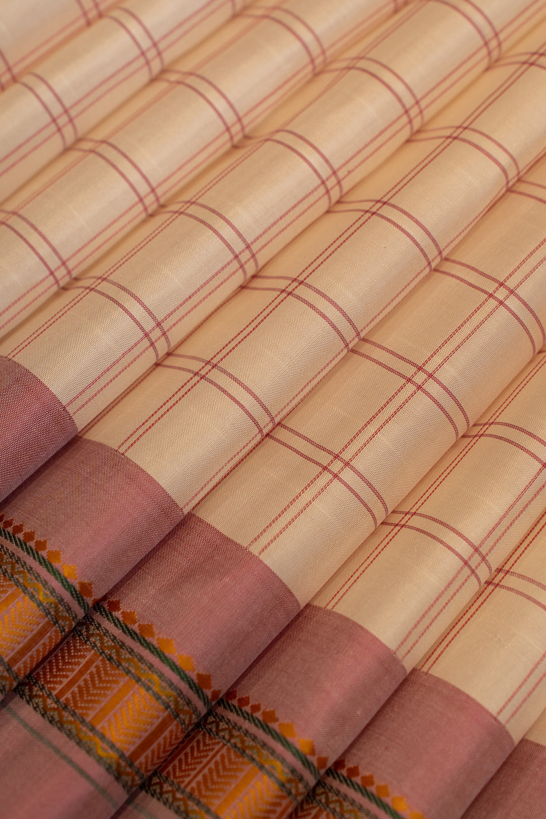 Off white and lotus pink checks pure Kanchipuram silk saree