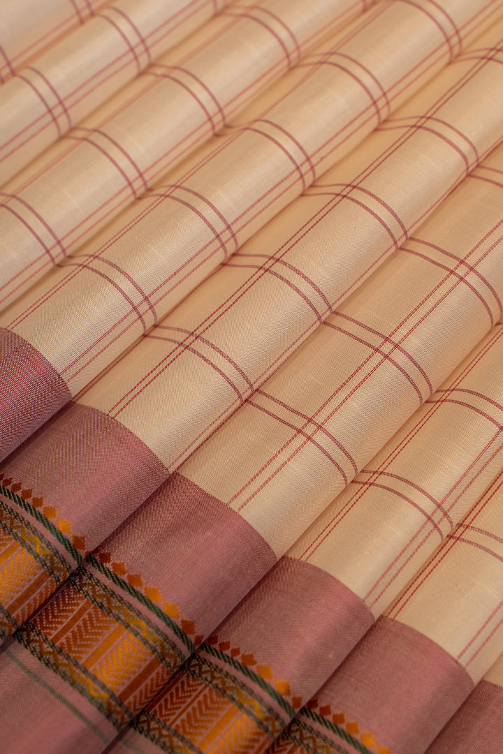 Off white and lotus pink checks pure Kanchipuram silk saree