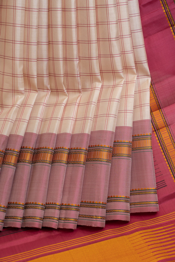 Off white and lotus pink checks pure Kanchipuram silk saree