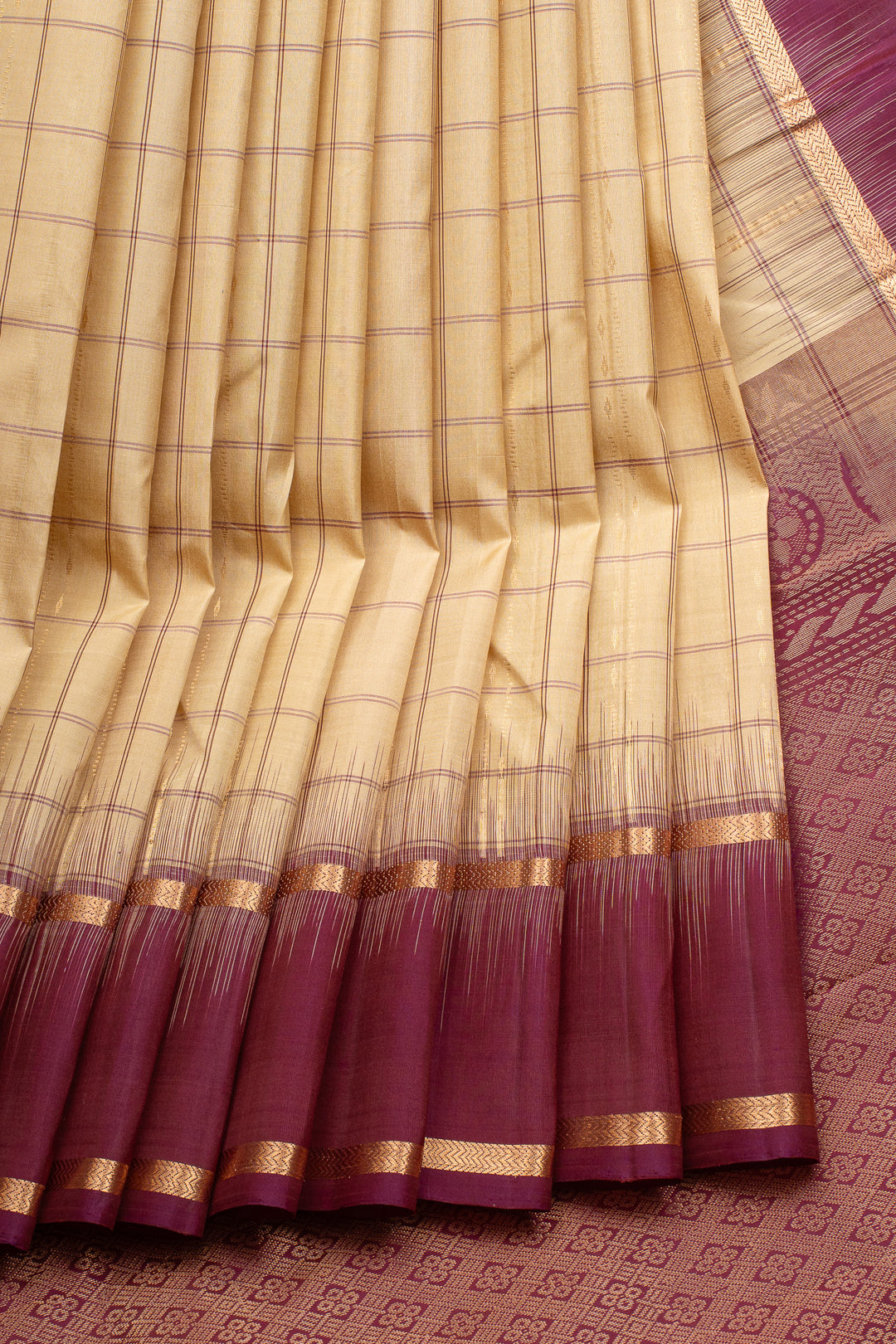 Beige Checks Pure Soft Silk Saree
