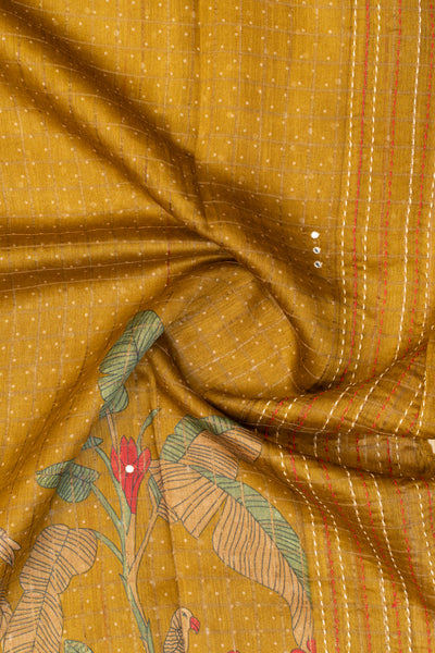 Mustard printed Kantha work pure munga Tussar saree