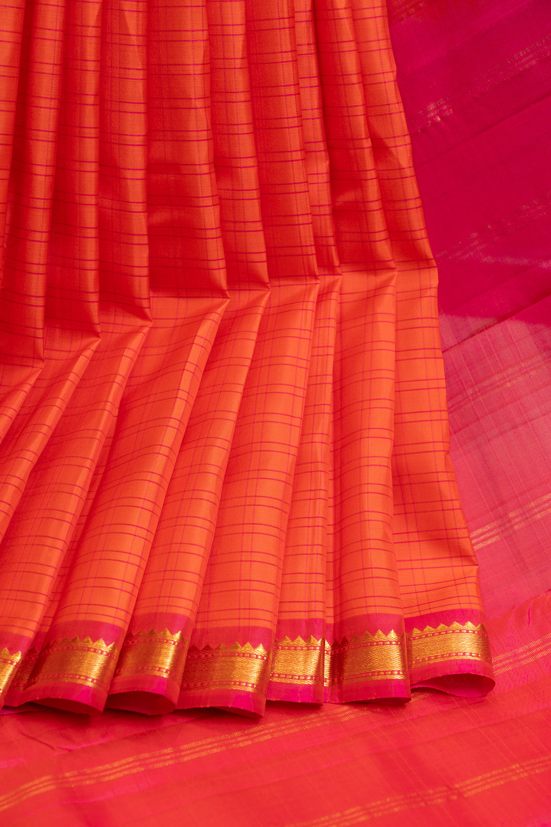 Peach orange small border pure Kanchipuram silk saree
