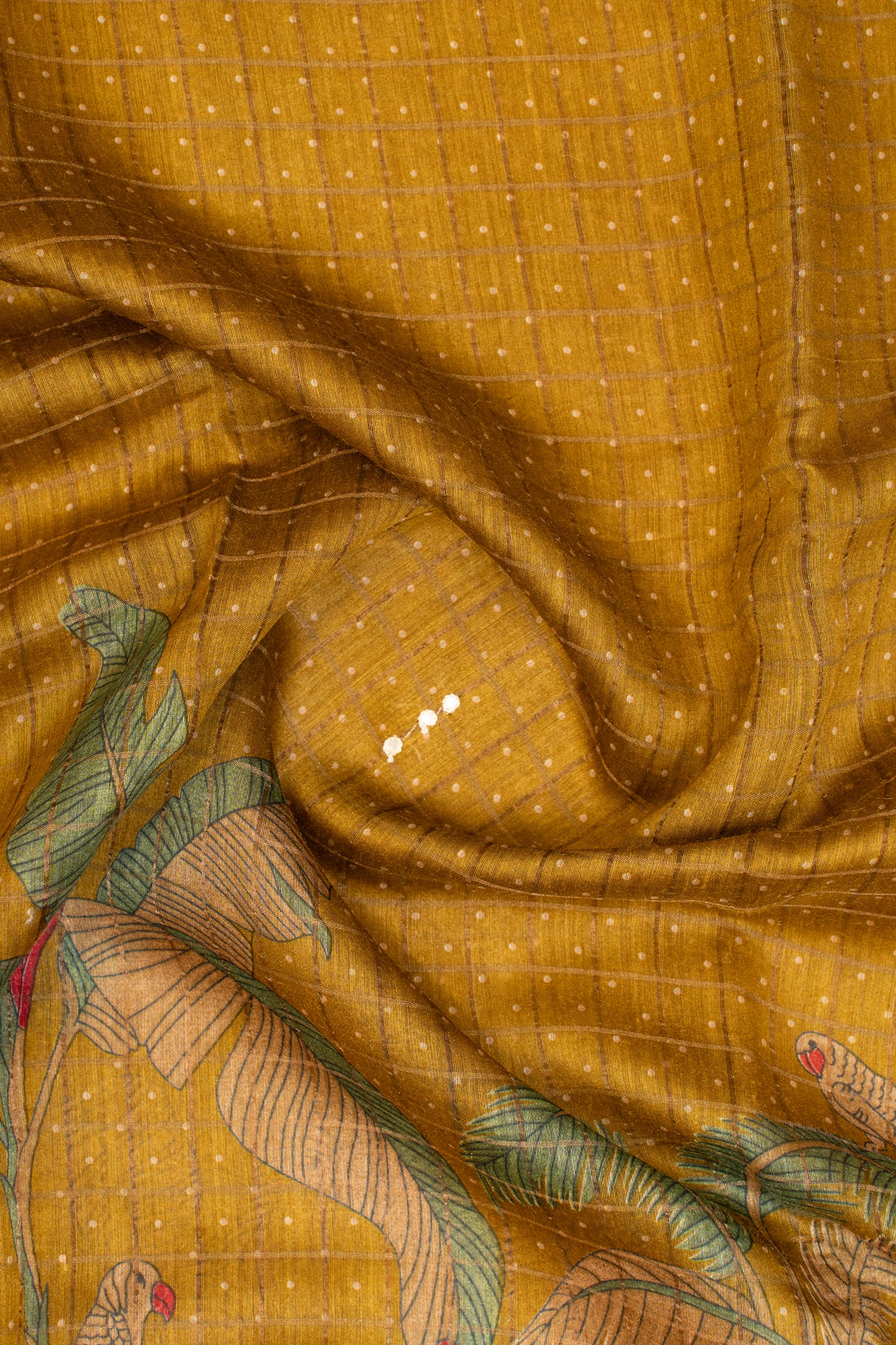 Mustard printed Kantha work pure munga Tussar saree