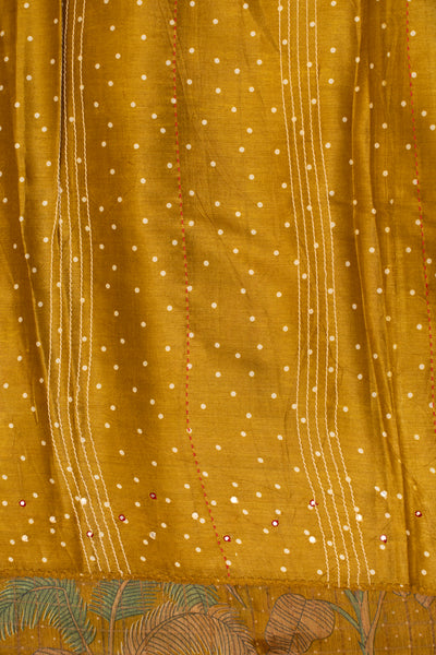 Mustard printed Kantha work pure munga Tussar saree