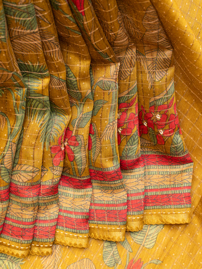 Mustard printed Kantha work pure munga Tussar saree