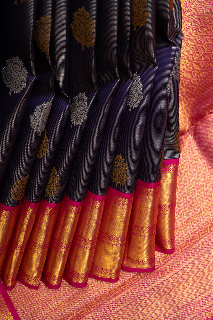 Midnight Blue Zari Stripes Pure Kanchipuram Silk Saree - Clio Silks