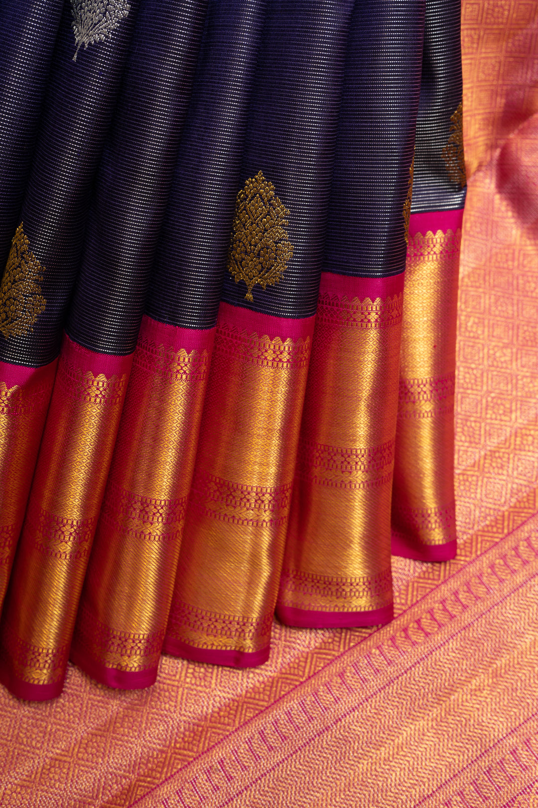 Midnight Blue Zari Stripes Pure Kanchipuram Silk Saree - Clio Silks