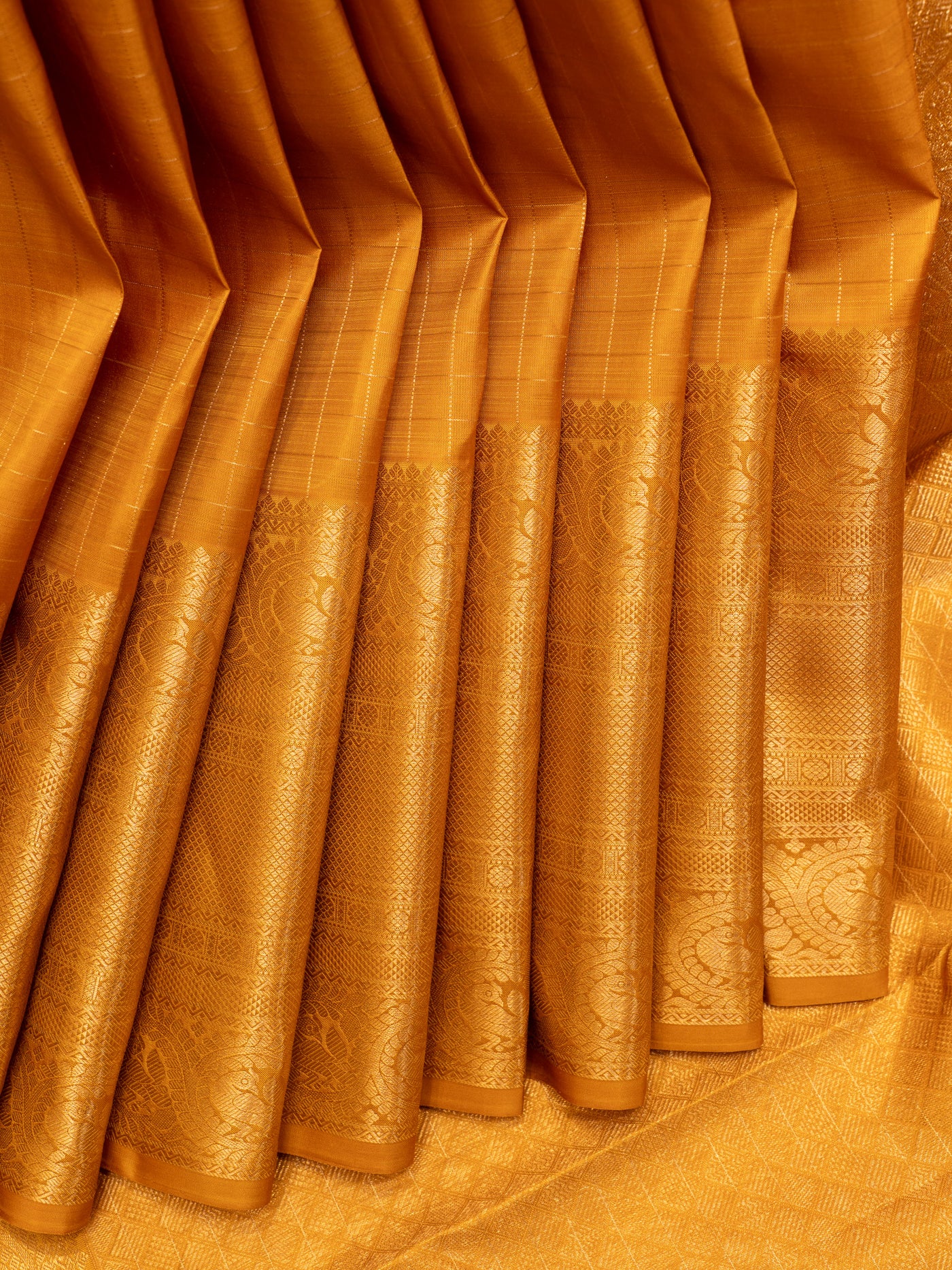 Mustard gold zari checks pure Kanchipuram silk saree