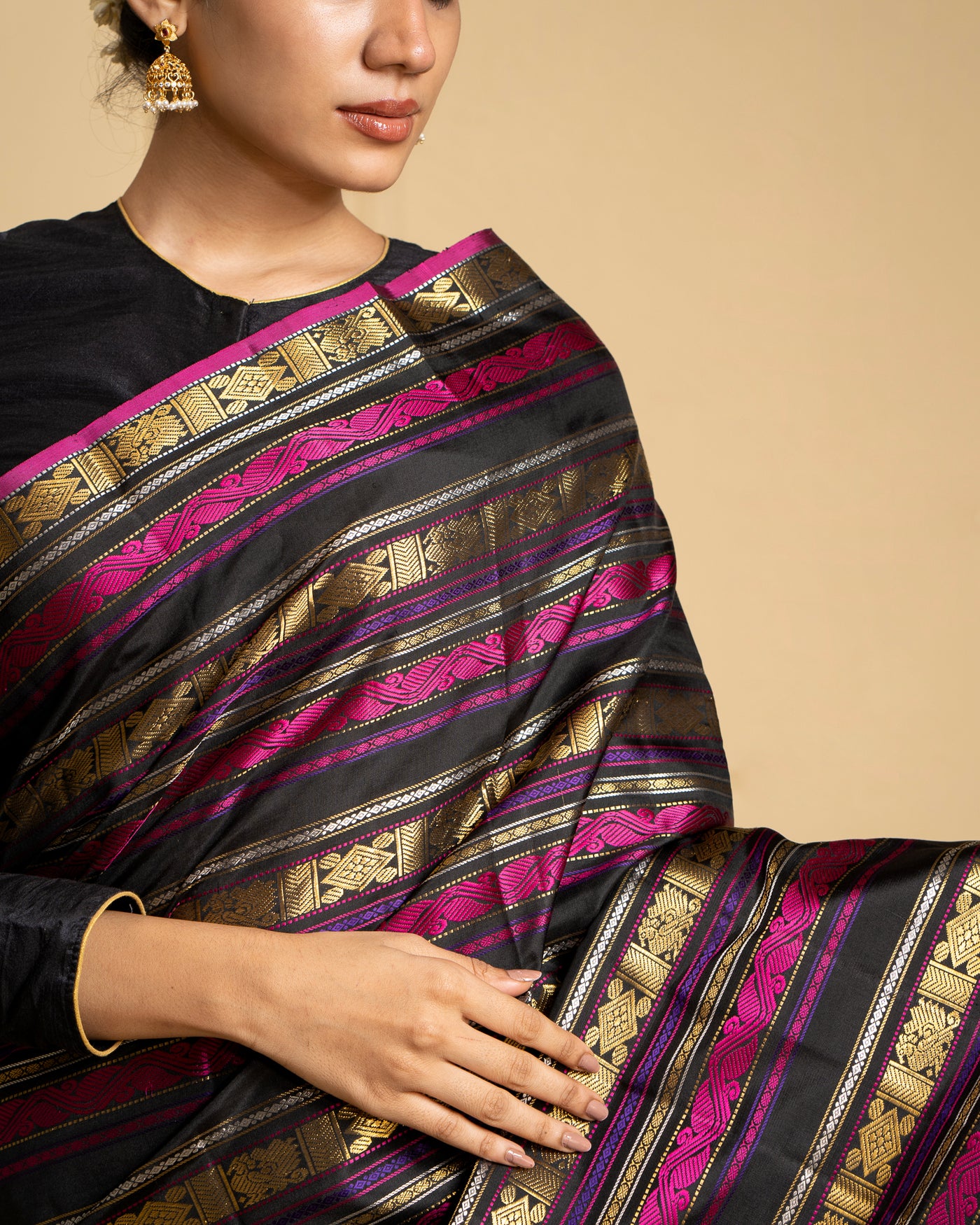 Black Varisaipettu Pure Zari Heirloom Kanchipuram Silk Saree - Clio Silks