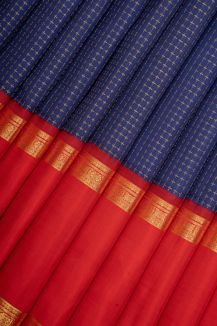 Prussian Blue and Red Plus Butta Pure Kanchipuram Silk Saree