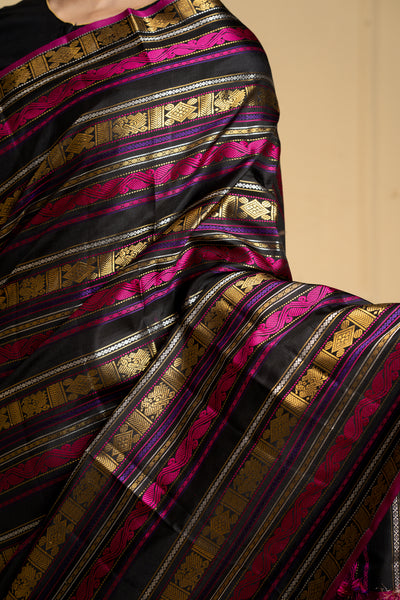 Black Varisaipettu Pure Zari Heirloom Kanchipuram Silk Saree - Clio Silks