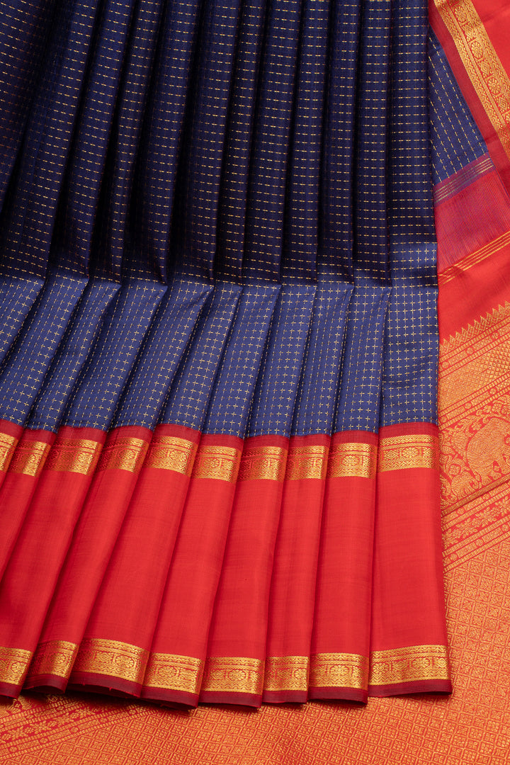 Prussian Blue and Red Plus Butta Pure Kanchipuram Silk Saree