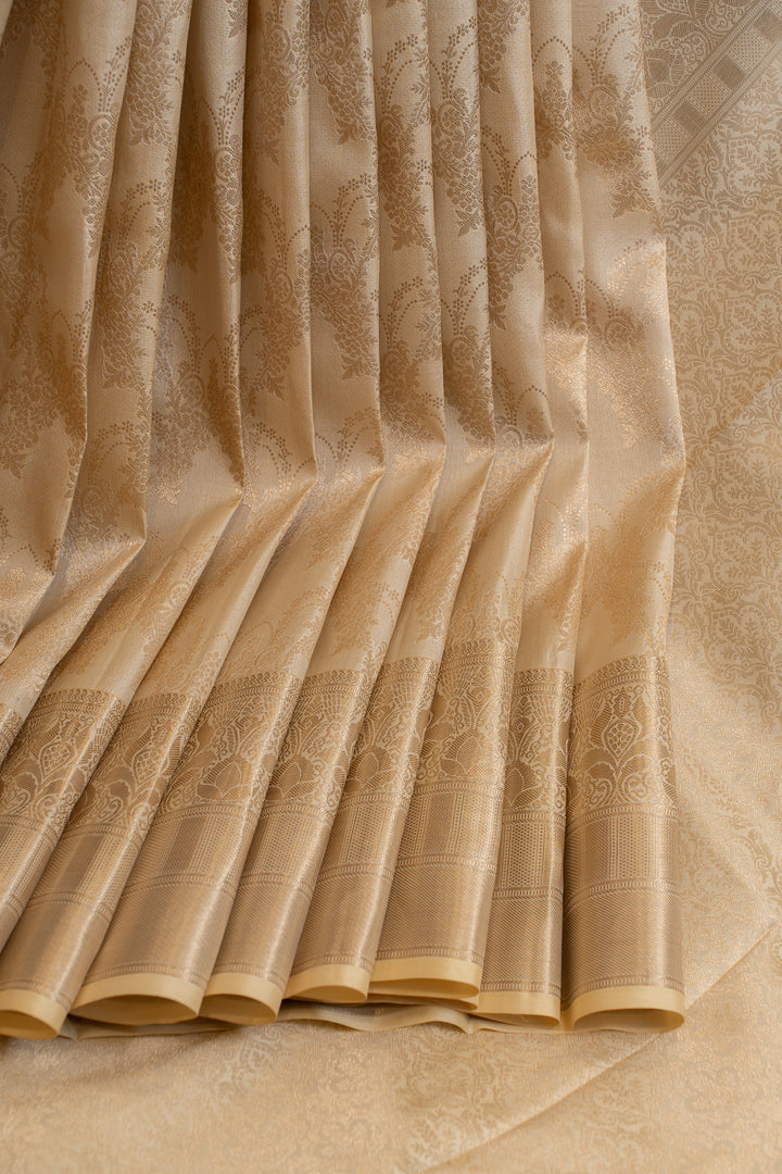 Cream floral brocade pure Kanchipuram silk saree