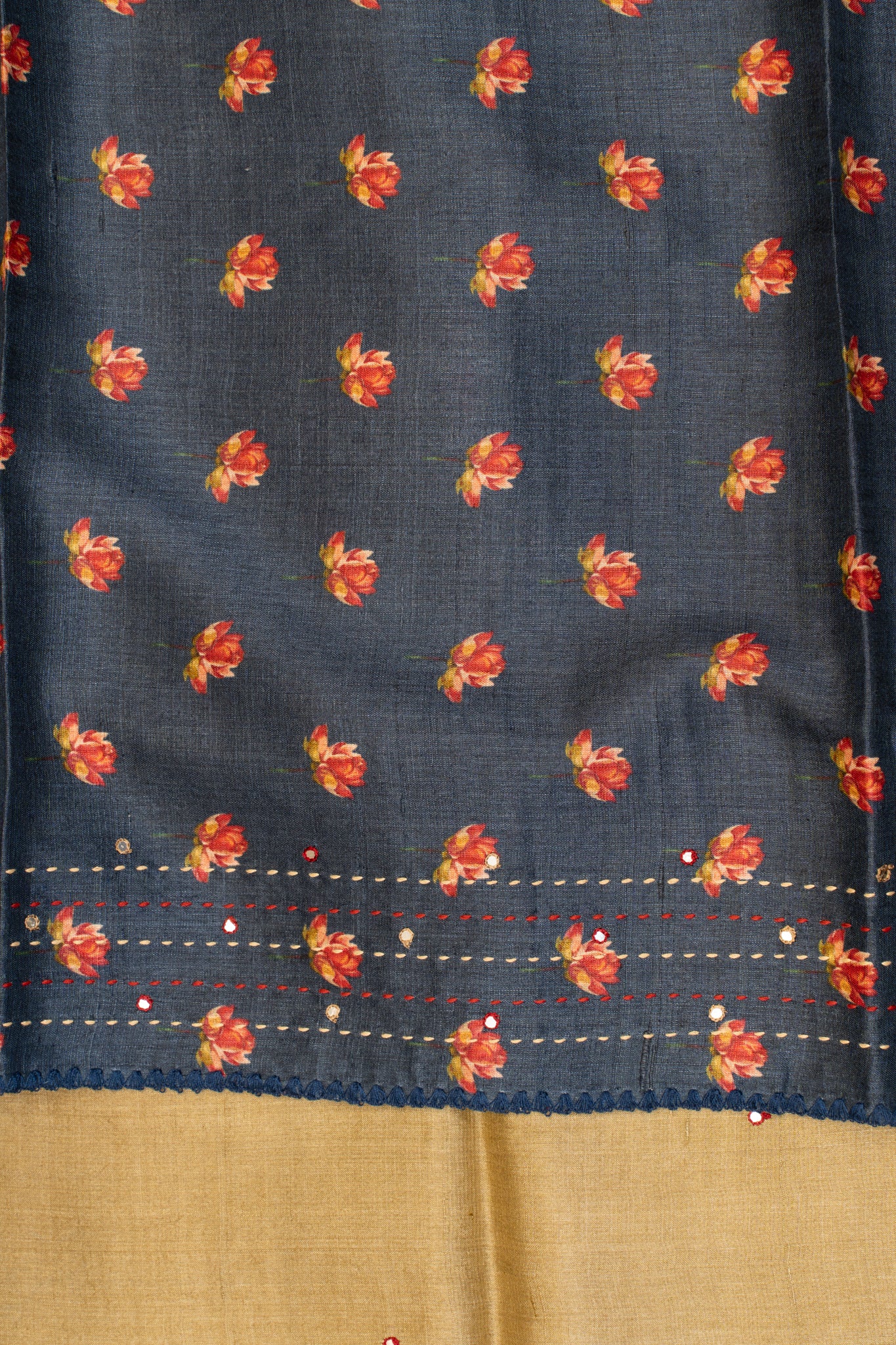 Beige Kantha and mirror work pure Tussar silk saree