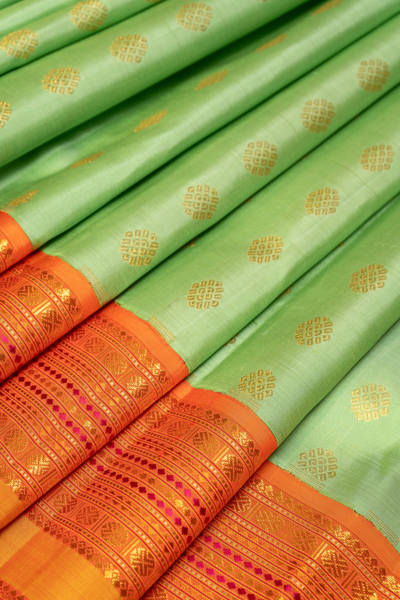 Fern Green and Orange Pure Zari Kanchipuram Silk Saree - Clio Silks