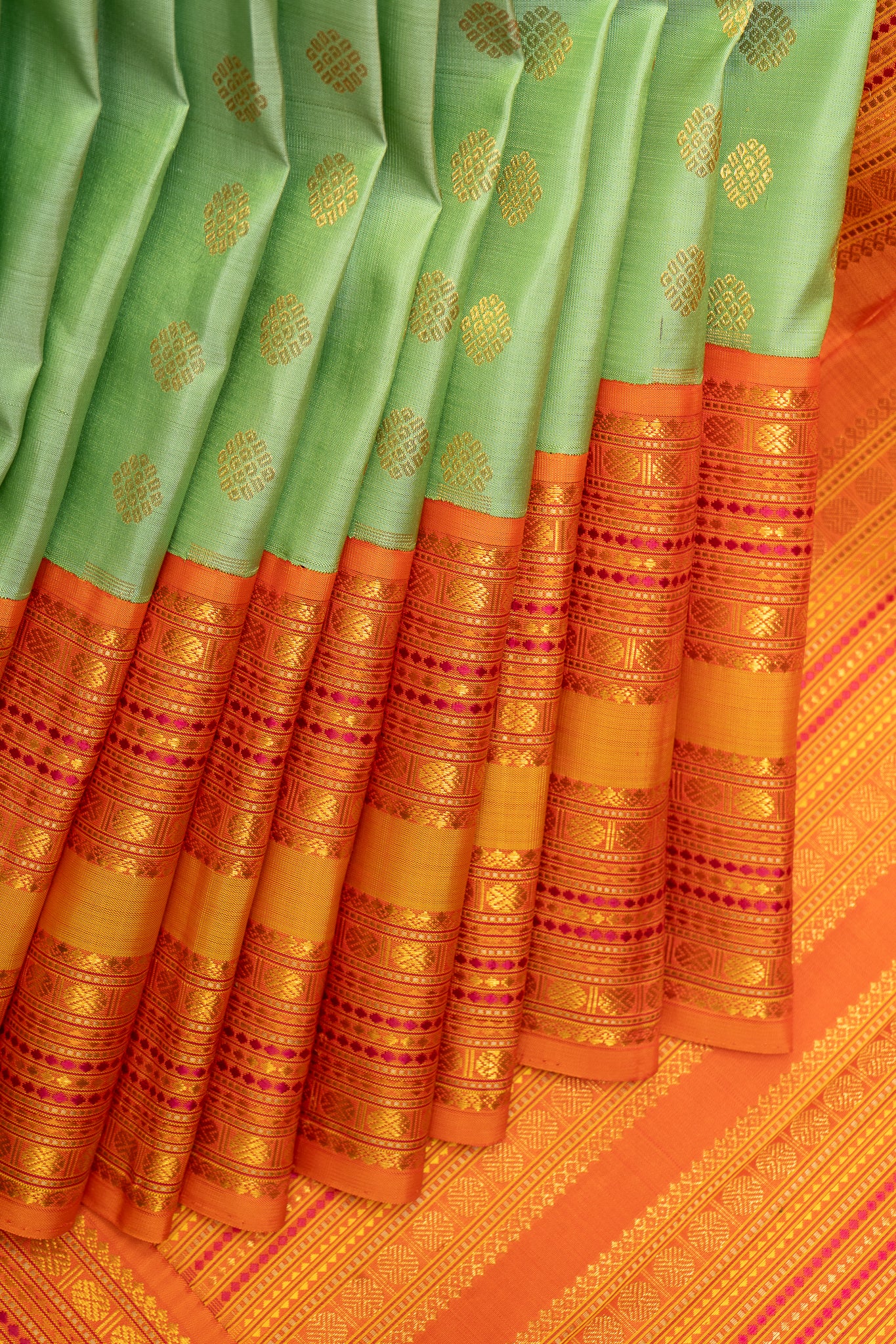 Fern Green and Orange Pure Zari Kanchipuram Silk Saree - Clio Silks