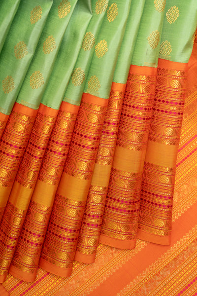 Fern Green and Orange Pure Zari Kanchipuram Silk Saree - Clio Silks