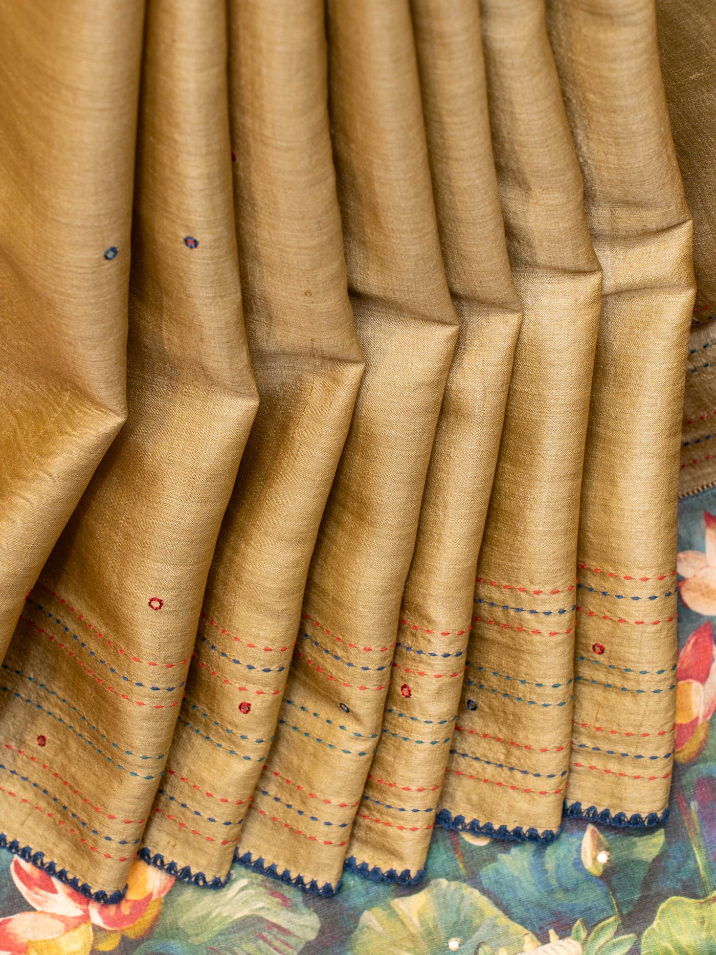 Beige Kantha and mirror work pure Tussar silk saree