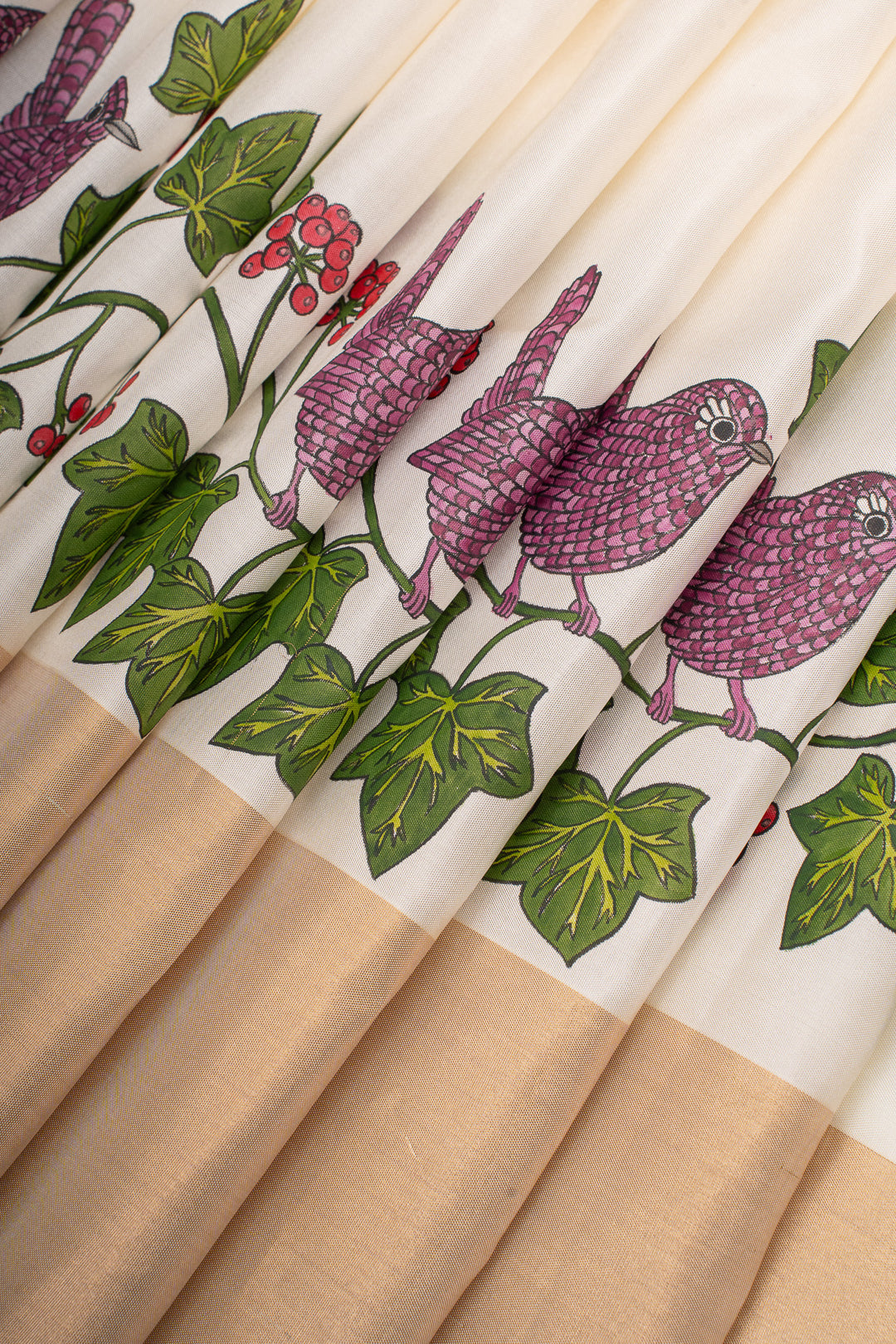 Off-White Handpainted Pure Kanchipuram Silk Saree