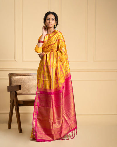 Yellow Varisaipettu Pure Zari Heirloom Kanchipuram Silk Saree - Clio Silks