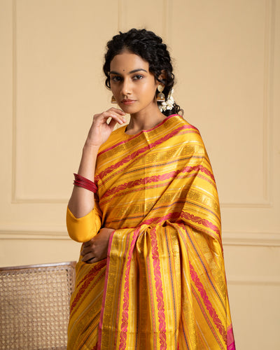 Yellow Varisaipettu Pure Zari Heirloom Kanchipuram Silk Saree - Clio Silks