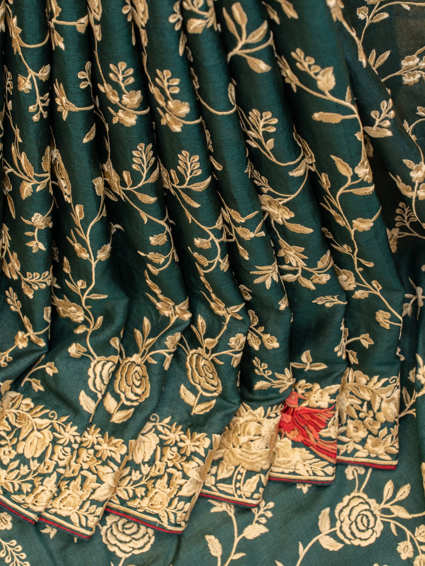 Sacramento green Parsi embroidered pure Tussar silk saree