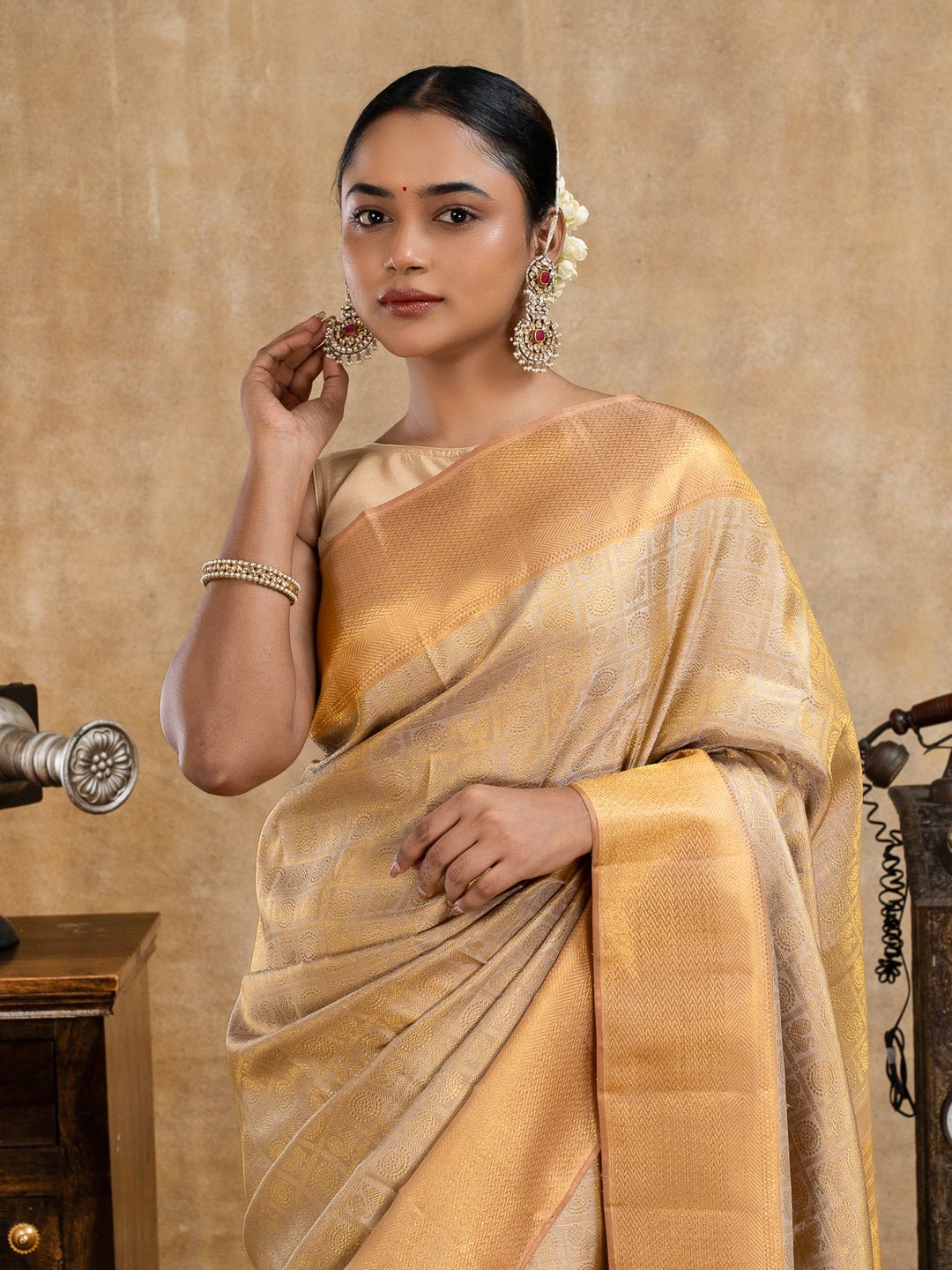 Champagne Gold Brocade Pure Kanchipuram Silk Saree