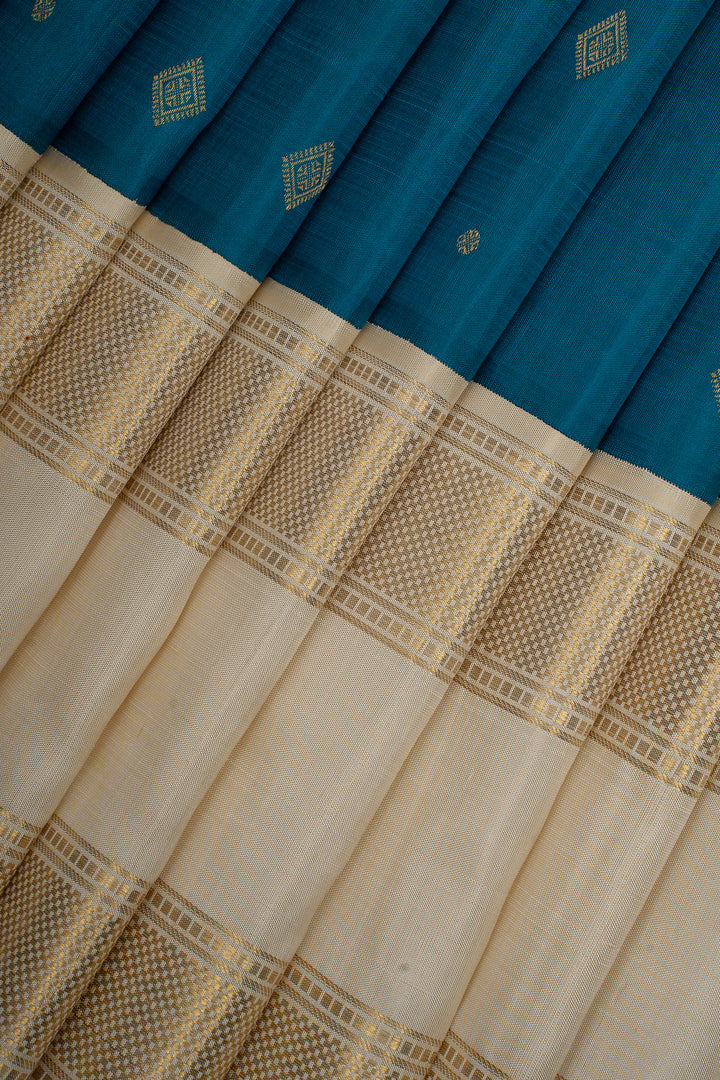 Peacock Blue and Ivory Traditional Pure Kanchipuram Silk Saree