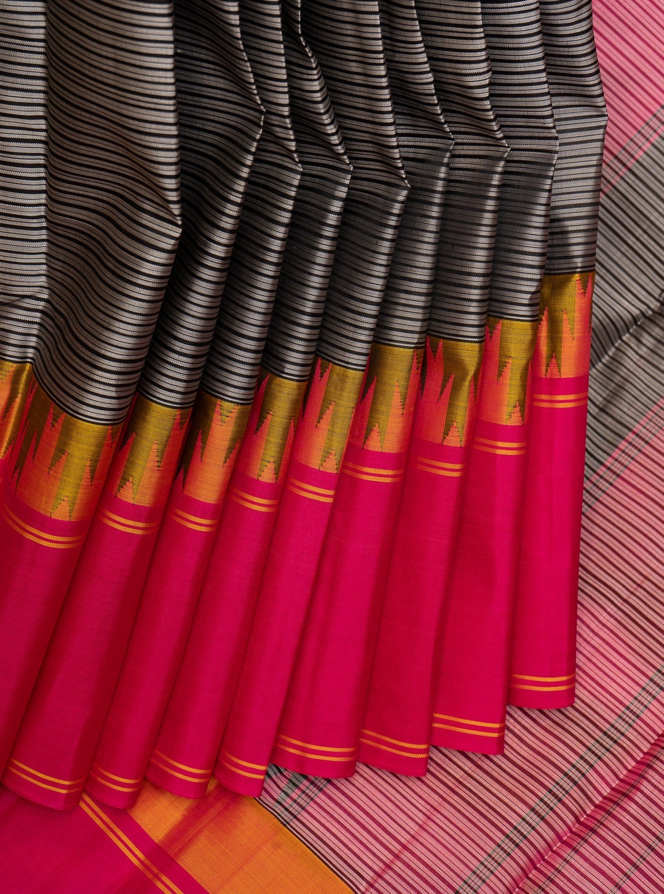 Grey and Black Stripes Ganga Jamuna Pure Kanchipuram Silk Saree - Clio Silks