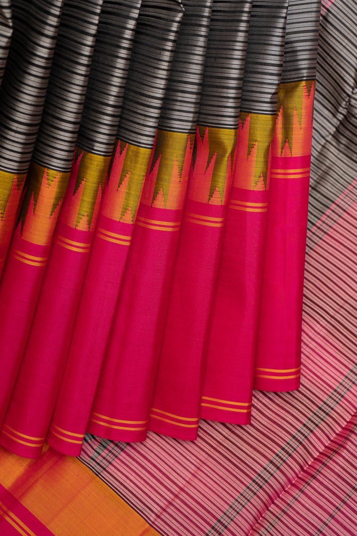Grey and Black Stripes Ganga Jamuna Pure Kanchipuram Silk Saree - Clio Silks