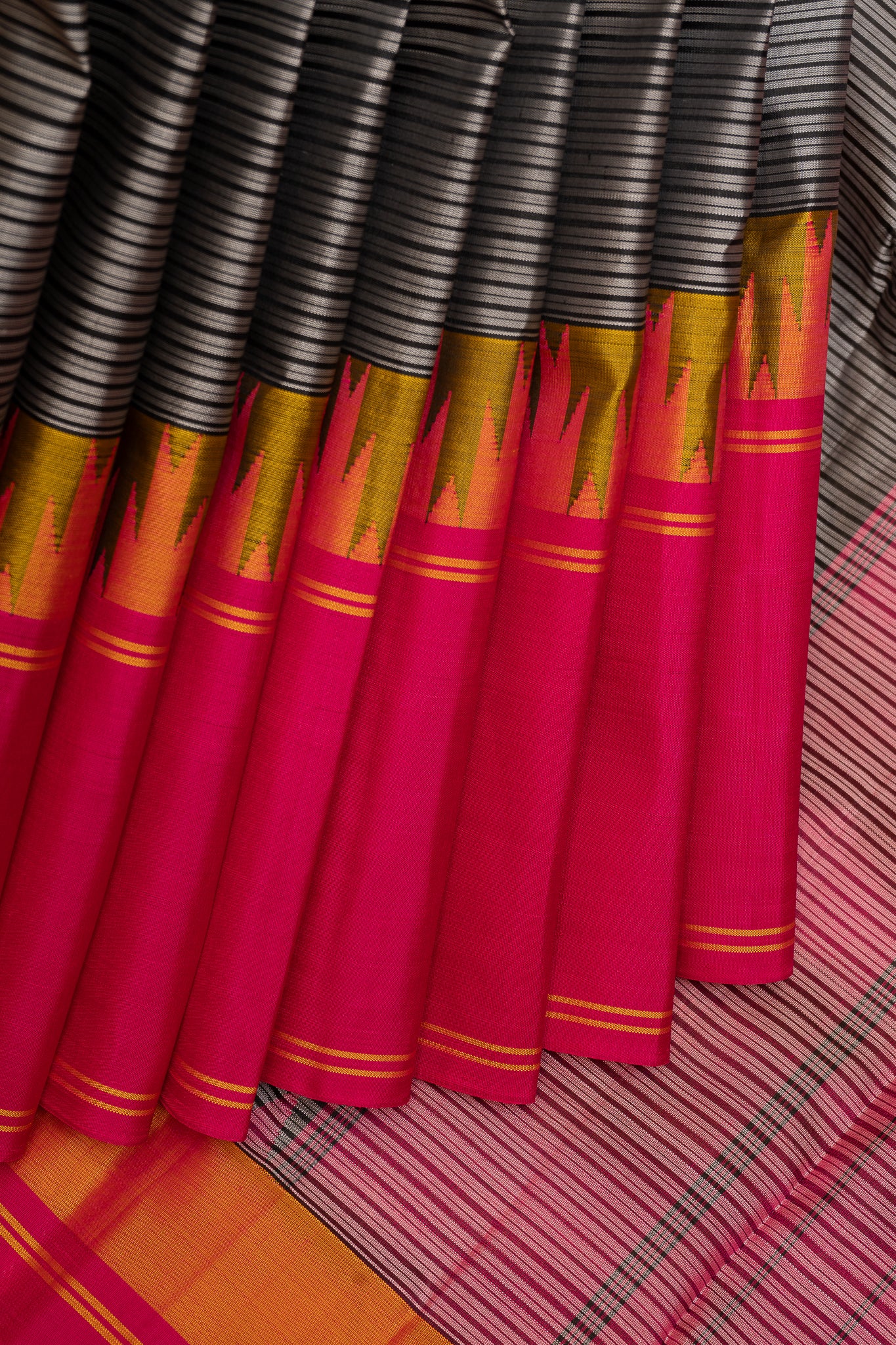 Grey and Black Stripes Ganga Jamuna Pure Kanchipuram Silk Saree - Clio Silks