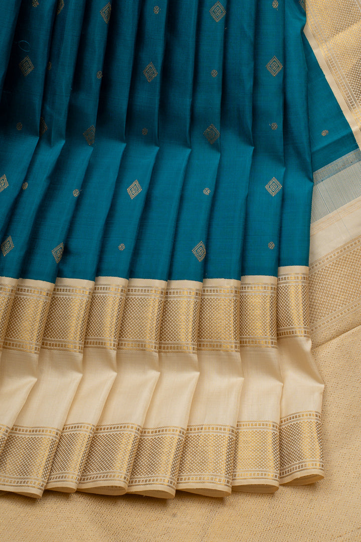 Peacock Blue and Ivory Traditional Pure Kanchipuram Silk Saree