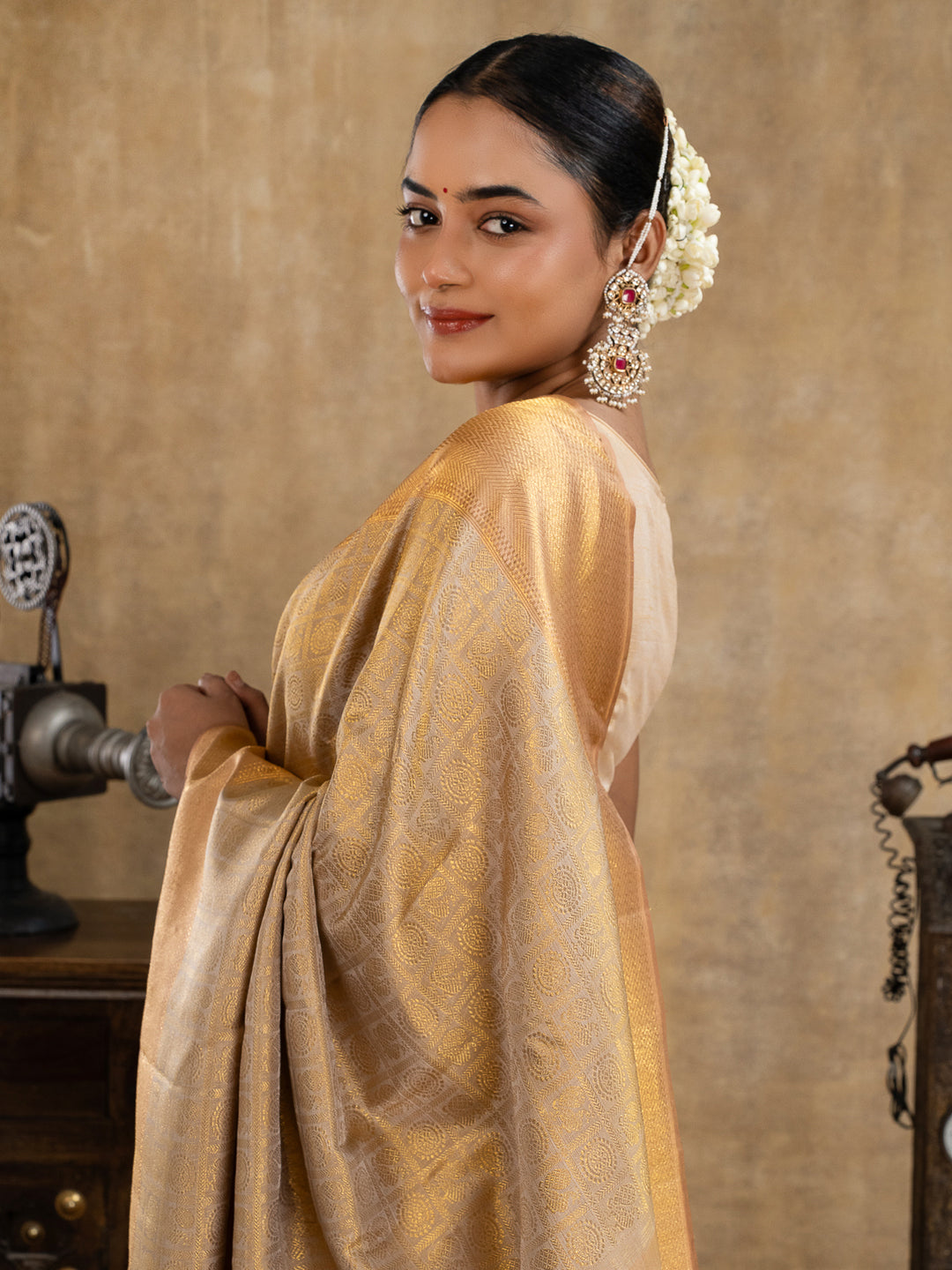 Champagne Gold Brocade Pure Kanchipuram Silk Saree