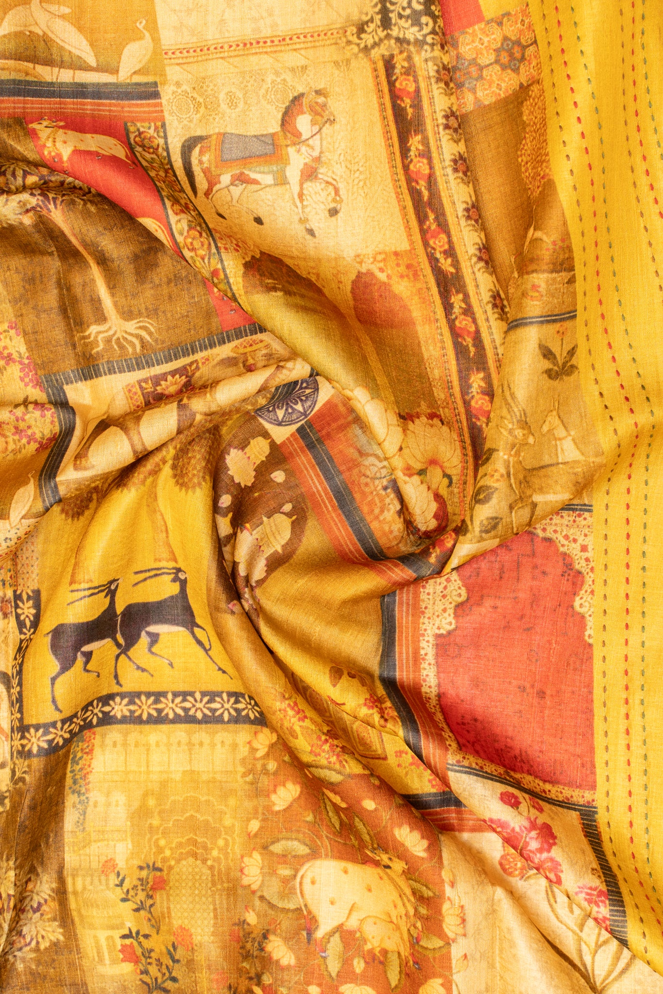 Mustard Pichwai printed Kantha pure Tussar silk saree