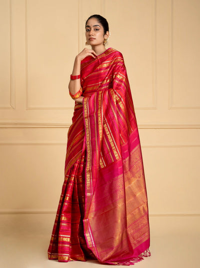 Red Varisaipettu Pure Zari Heirloom Kanchipuram Silk Saree - Clio Silks