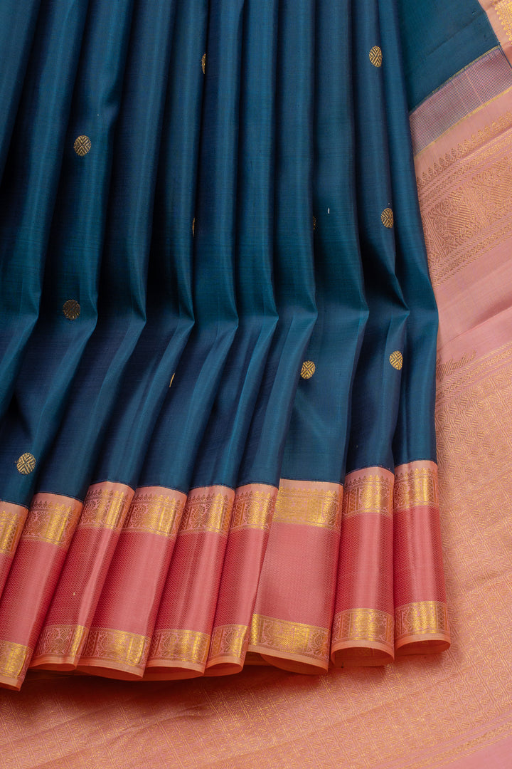 Peacock blue and pink  pure kanchipuram silk saree
