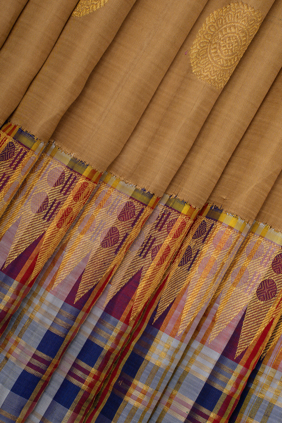 Khaki multi  checks border  pure kanchipuram silk saree