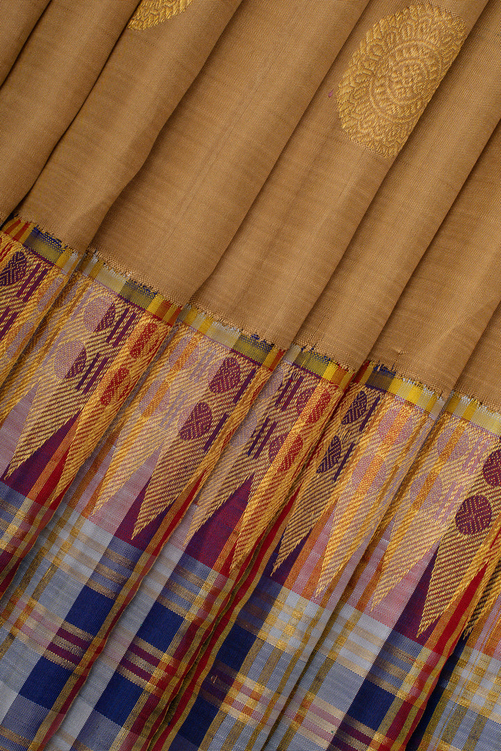 Khaki multi  checks border  pure kanchipuram silk saree