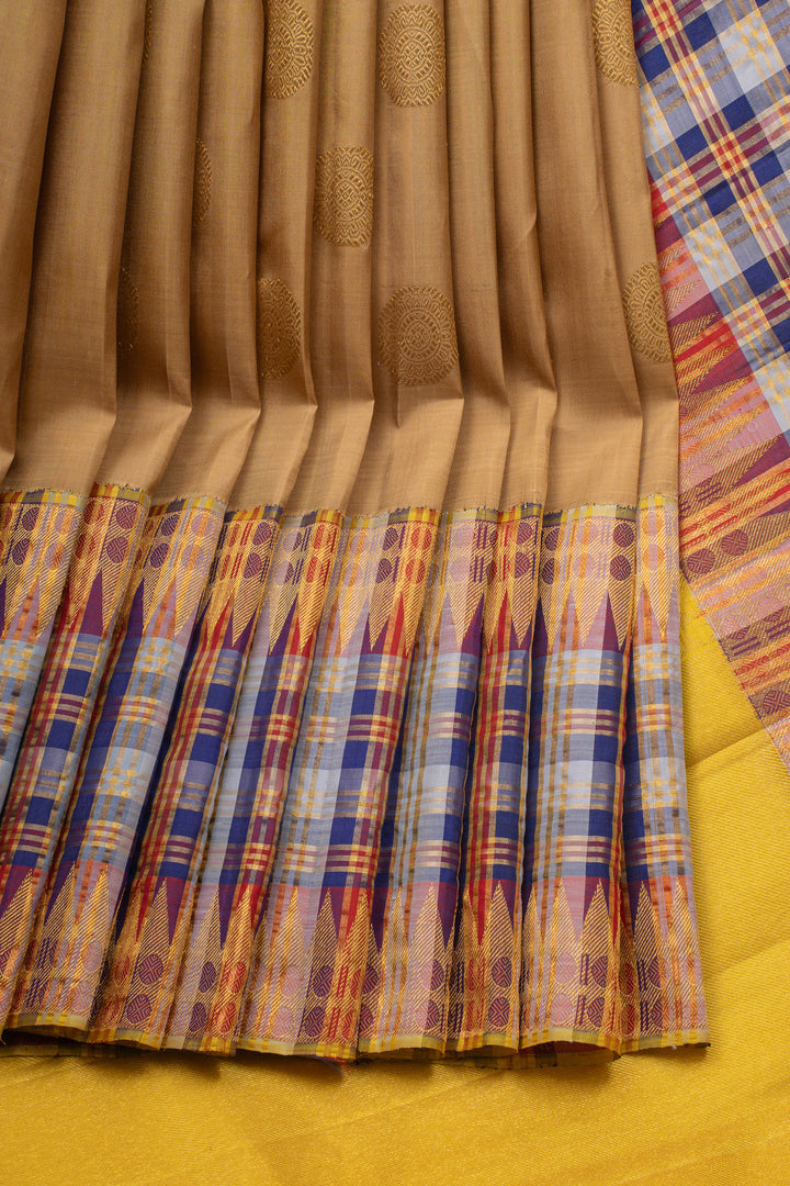 Khaki multi  checks border  pure kanchipuram silk saree