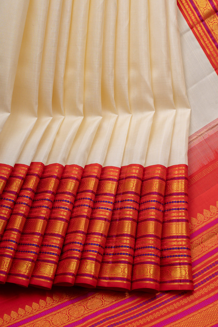 Ivory and red varisaipettu pure kanchipuram silk saree