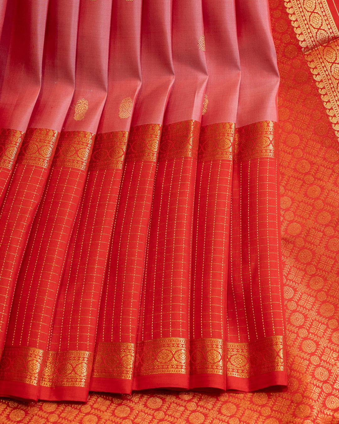 Rose pink and red traditional pure Kanchipuram silk saree